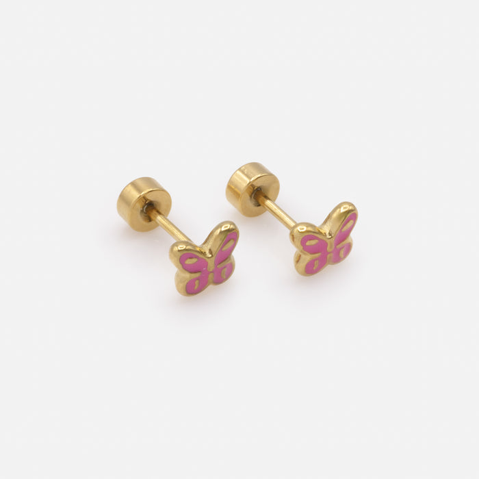 Mini gold-plated stainless steel pink butterfly earrings