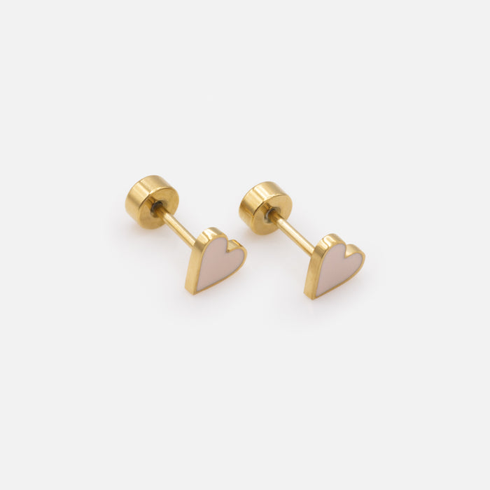 Mini boucles d'oreilles dorées coeurs rose pâle en acier inoxydable