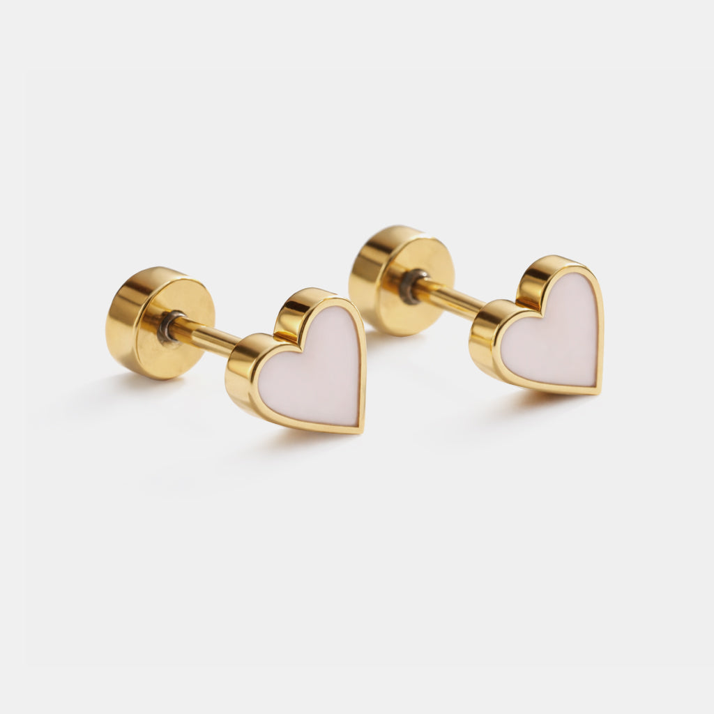 Mini boucles d'oreilles dorées coeurs rose pâle en acier inoxydable