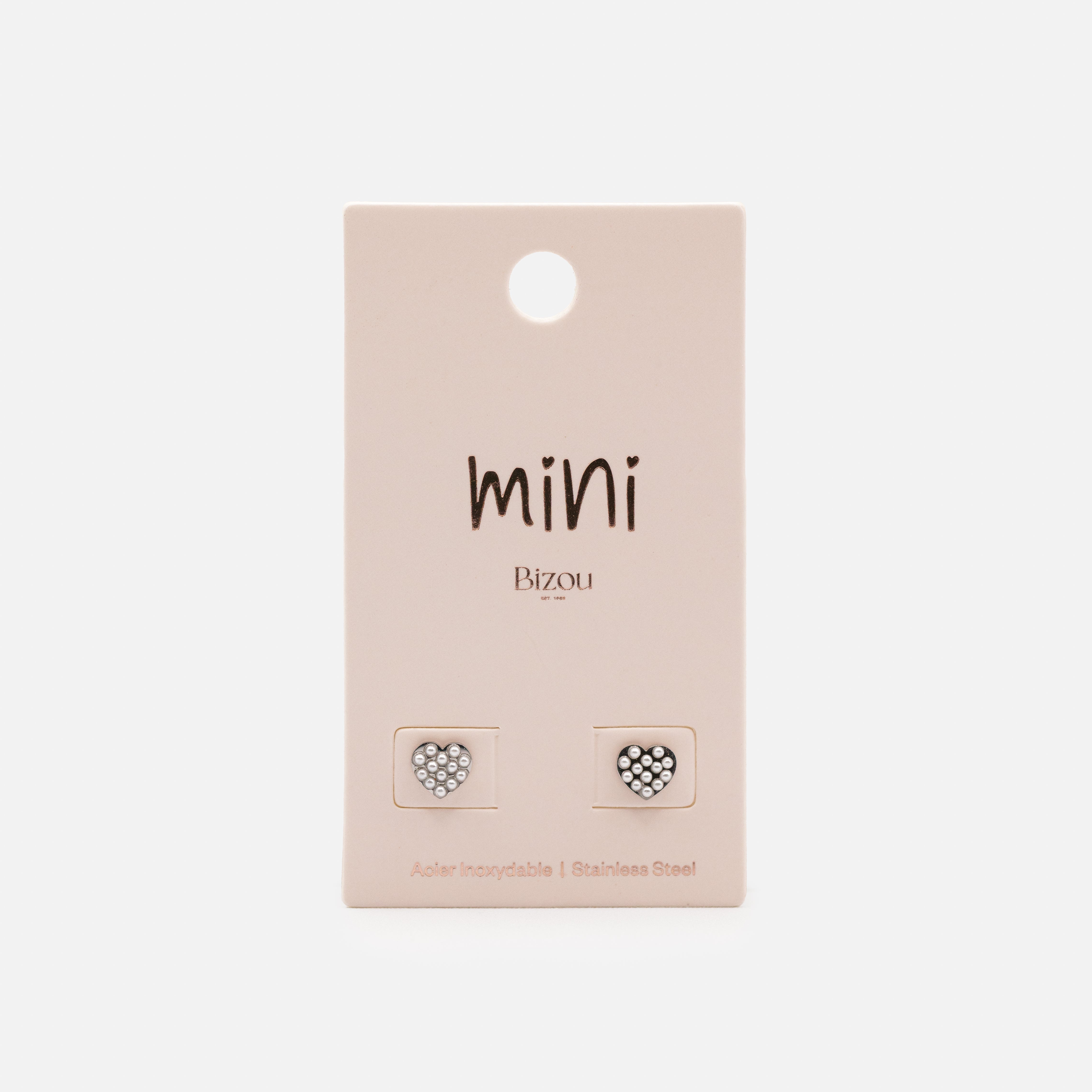 Mini boucles d'oreilles argentées coeurs perlés en acier inoxydable