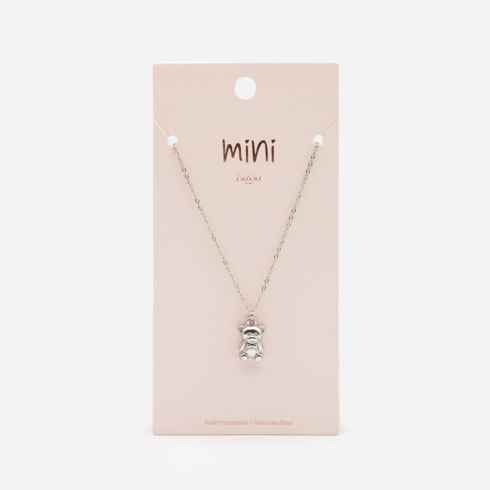 Mini collier argenté breloque ourson en acier inoxydable