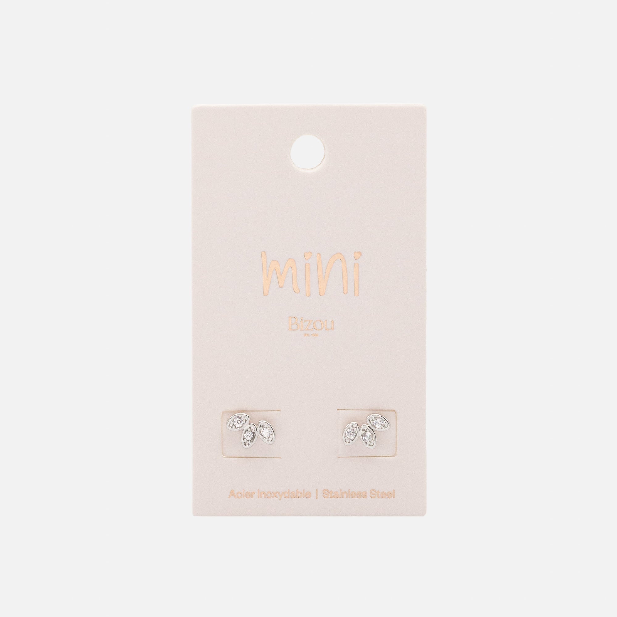 Mini boucles d'oreilles feuilles argentées en acier inoxydable & zircons cubiques