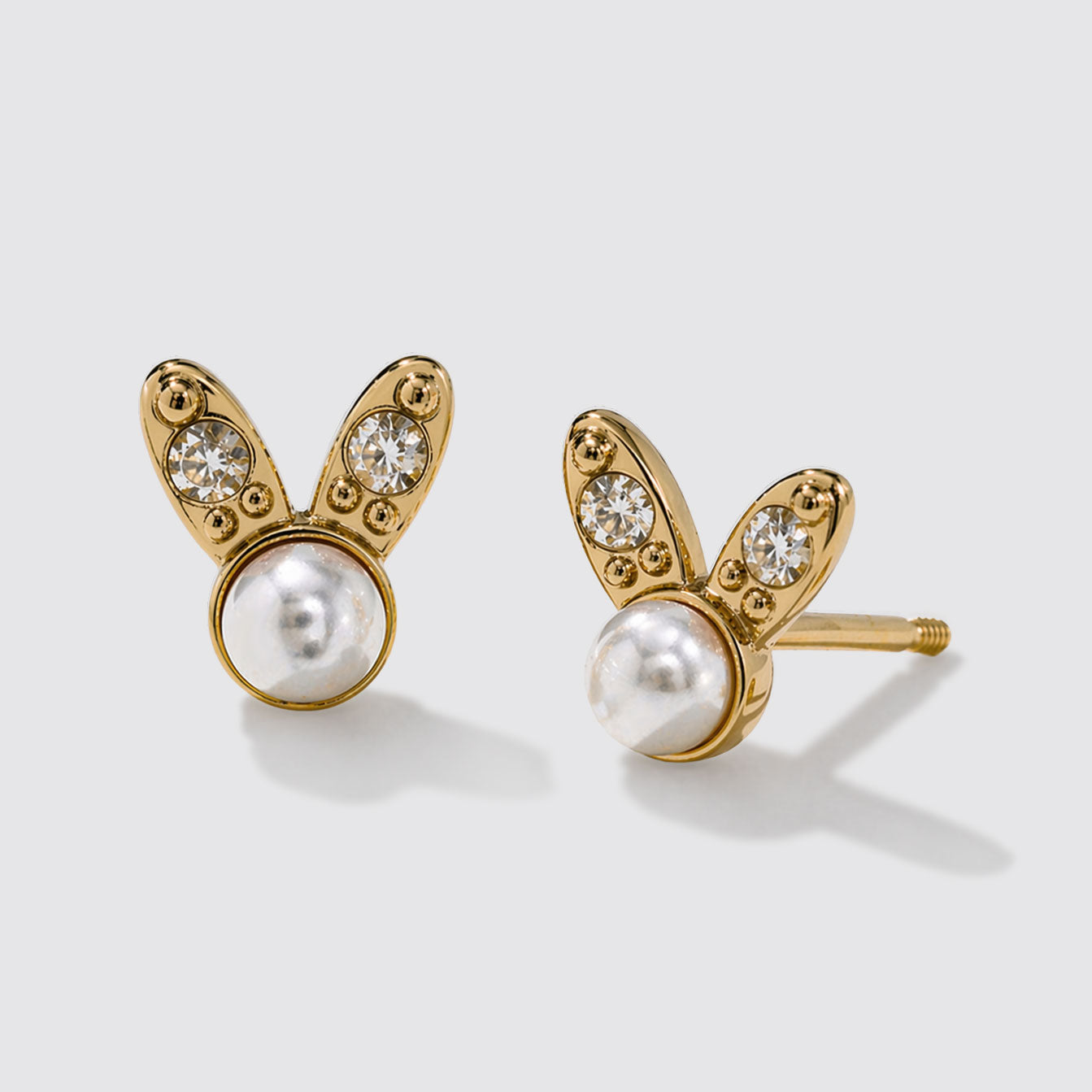 Mini boucles d'oreilles puces lapin dorées, perle et pierre de cristal en acier inoxydable