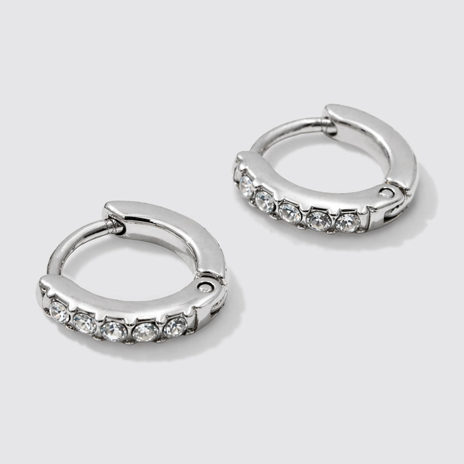 Mini boucles d'oreilles anneaux huggies argentées, pierre de cristal en acier inoxydable