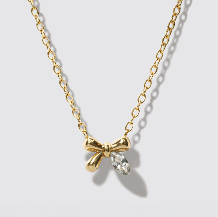 Mini collier doré, pendentif nœud et pierre en cristal en acier inoxydable