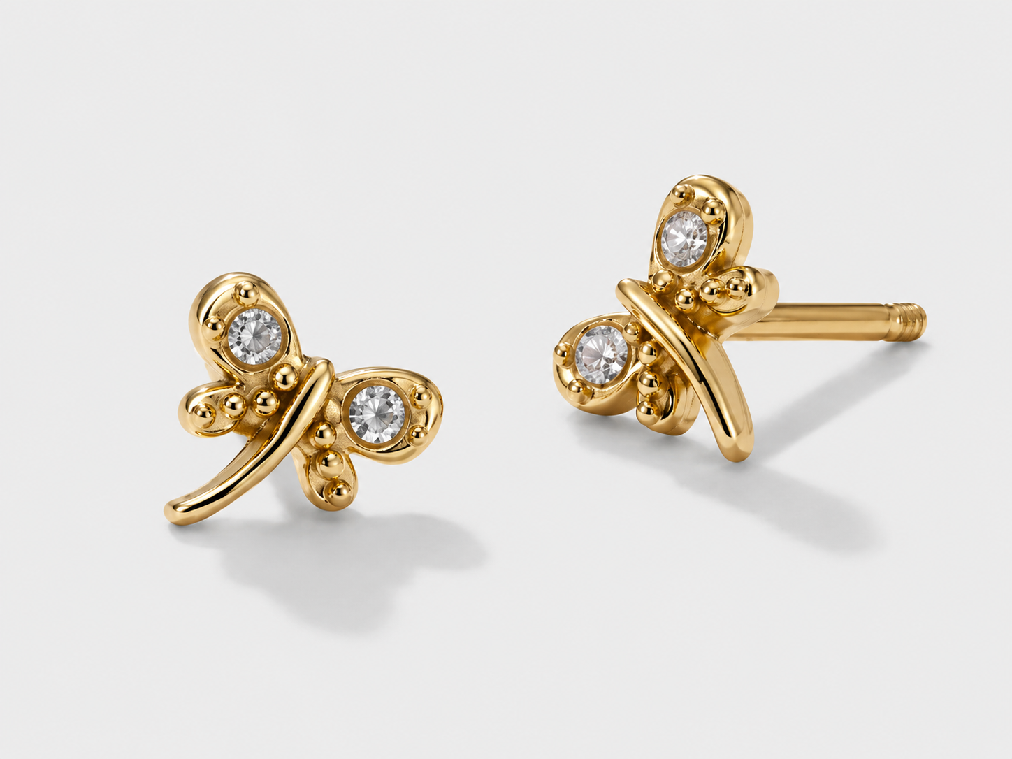 Mini boucles d'oreilles puces libellule dorées, pierre de cristal en acier inoxydable