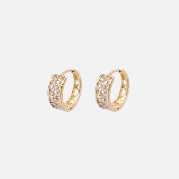 Load image into Gallery viewer, 13mm wide hoop earrings with zigzag pattern and cubic zirconia circles in 10k gold
