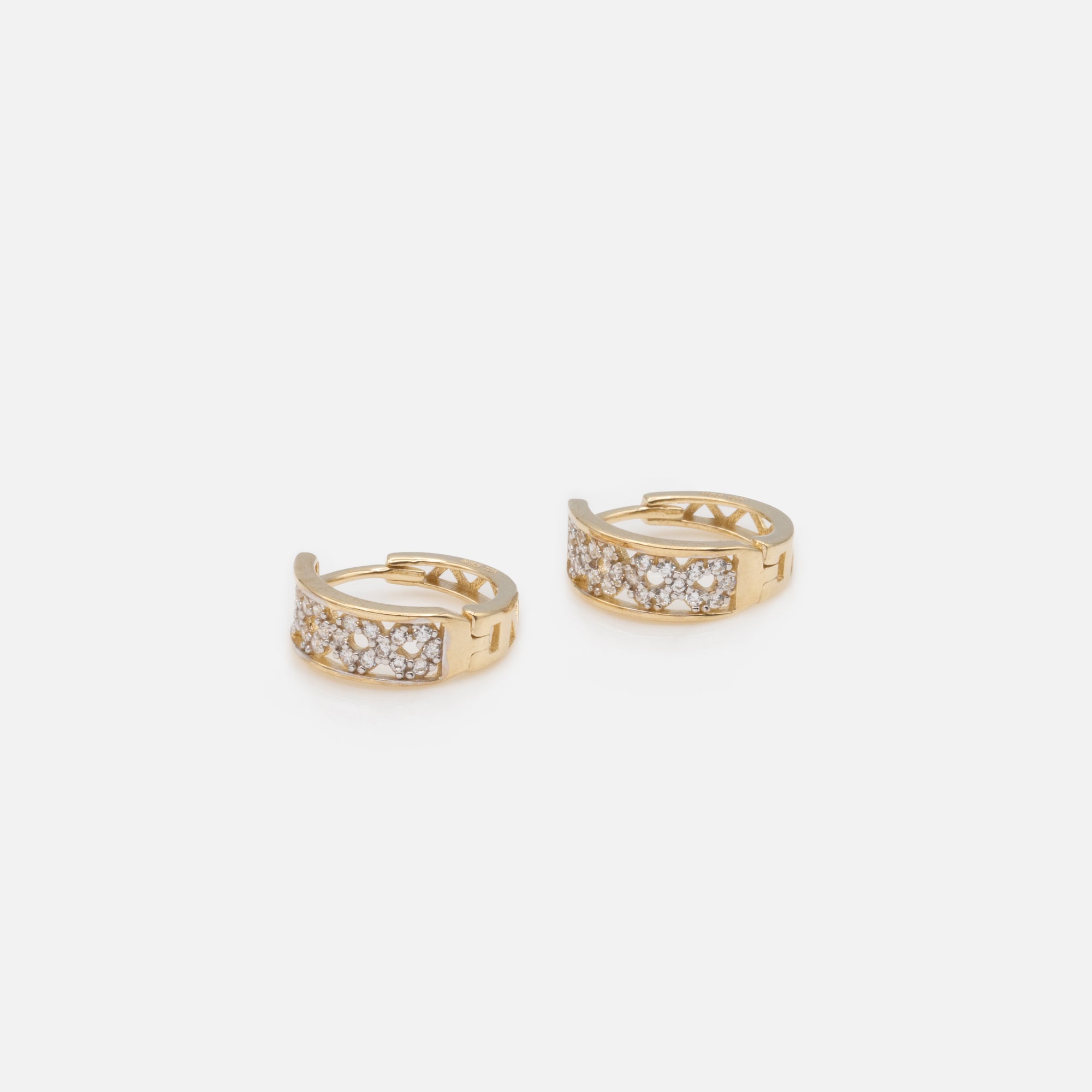 13mm wide hoop earrings with zigzag pattern and cubic zirconia circles in 10k gold