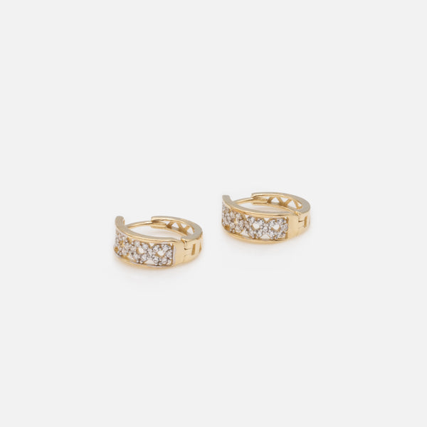 Load image into Gallery viewer, 13mm wide hoop earrings with zigzag pattern and cubic zirconia circles in 10k gold
