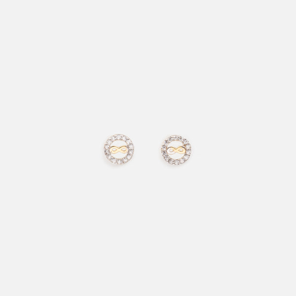 Load image into Gallery viewer, 7mm Fixed Earrings with Gold Infinity Sign and Cubic Zirconia Circle in 10k Gold
