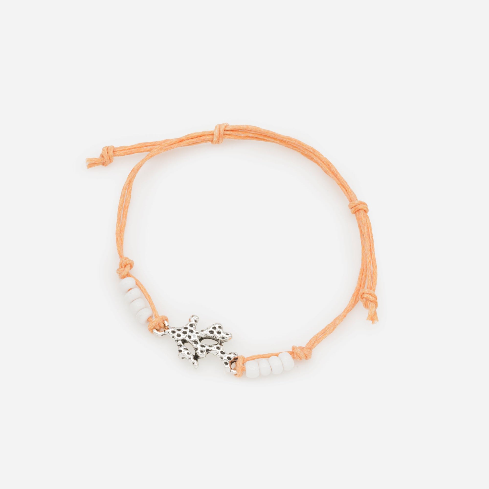 Orange rope bracelet with white beads and silver coral