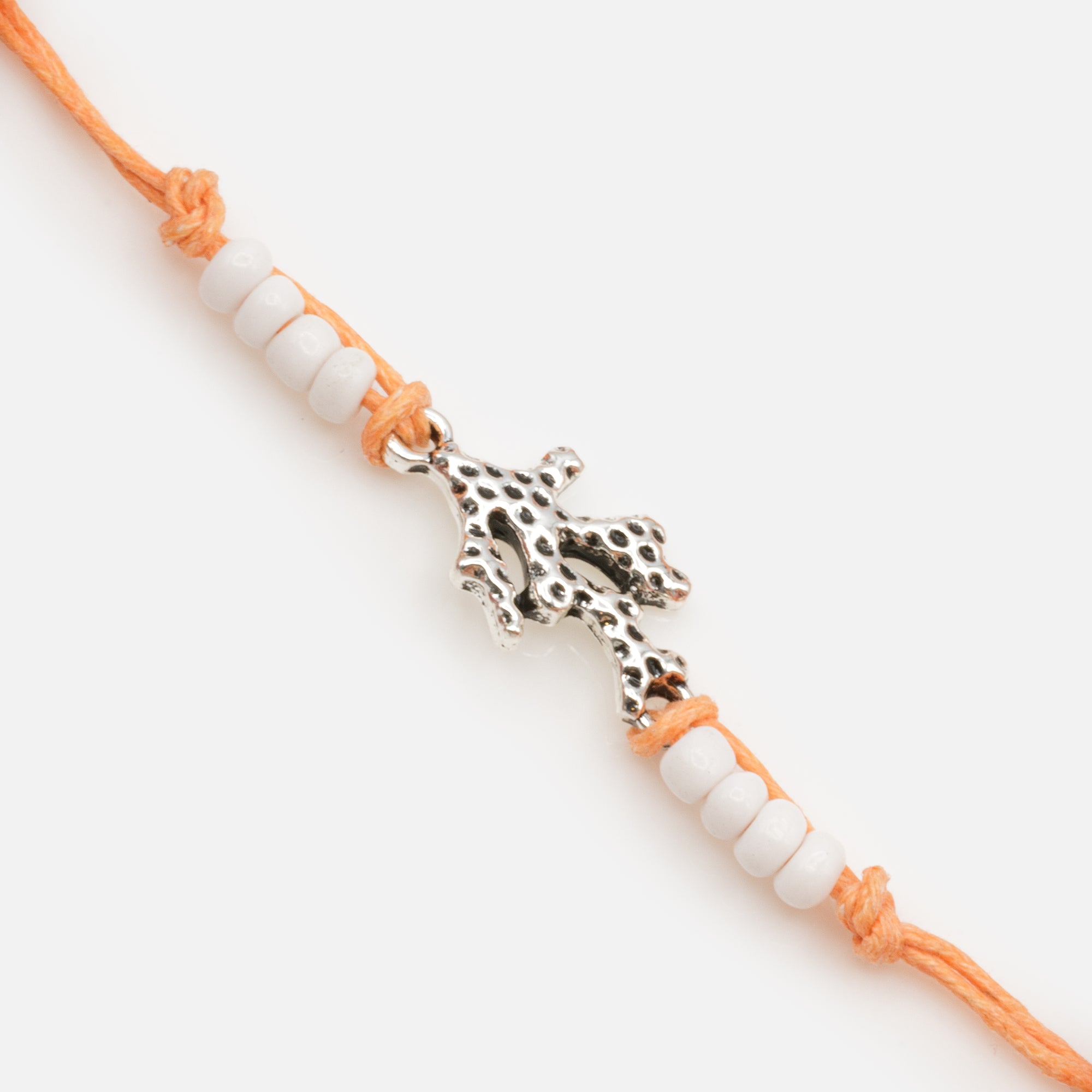 Orange rope bracelet with white beads and silver coral