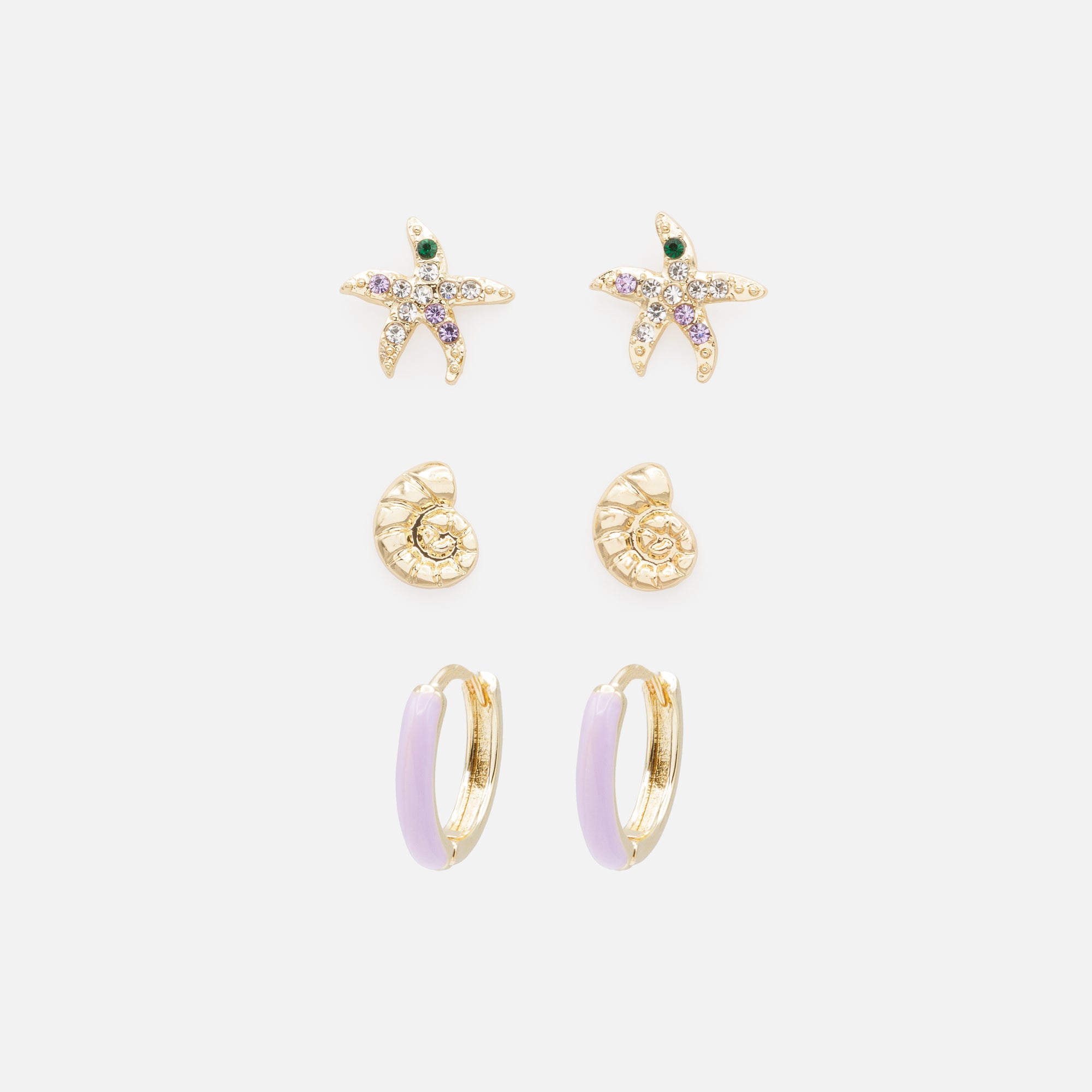 Trio of gold and lilac earrings with cubic zirconia