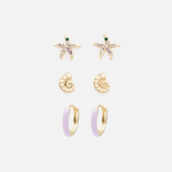 Load image into Gallery viewer, Trio of gold and lilac earrings with cubic zirconia
