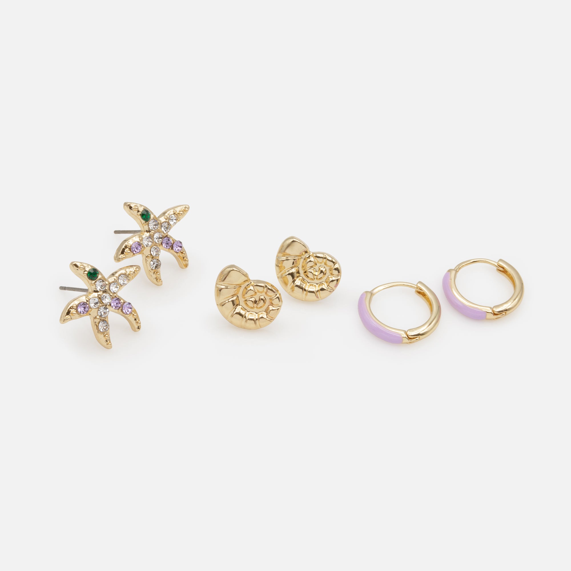 Trio of gold and lilac earrings with cubic zirconia