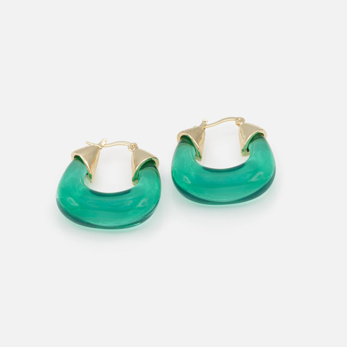 Boucles d'oreilles larges anneaux verts translucides à fermoir doré