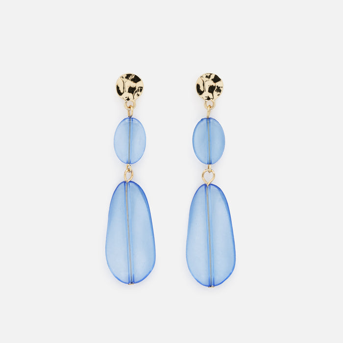 Boucles d'oreilles dorées avec longues breloques bleues translucides