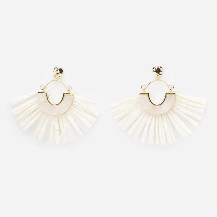 Boucles d'oreilles frange en paille ivoire avec pierre nacrée