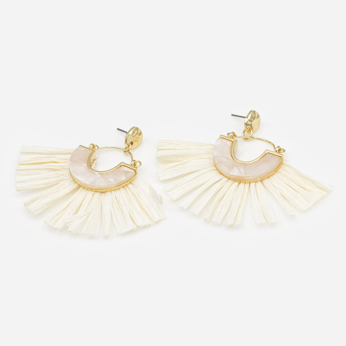 Boucles d'oreilles frange en paille ivoire avec pierre nacrée