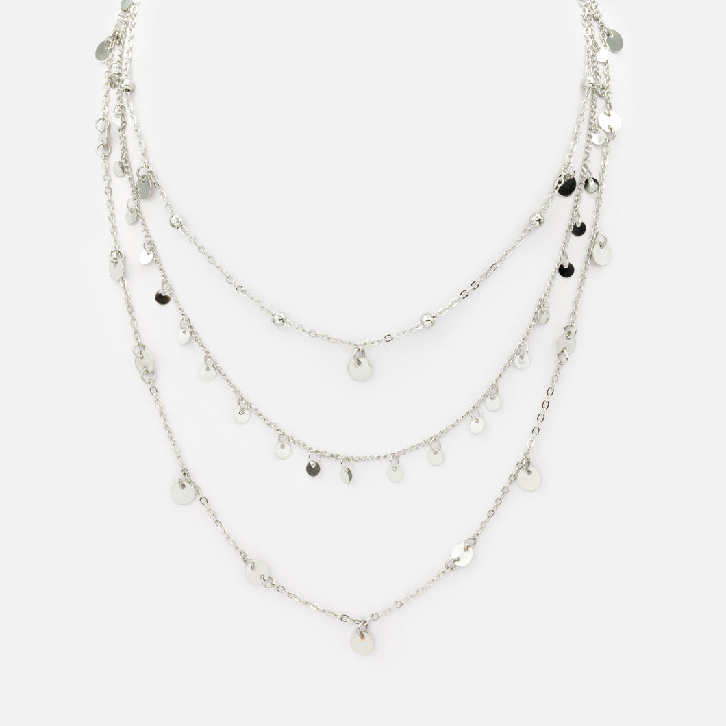 Collier triple chaîne avec billes et disques argentés