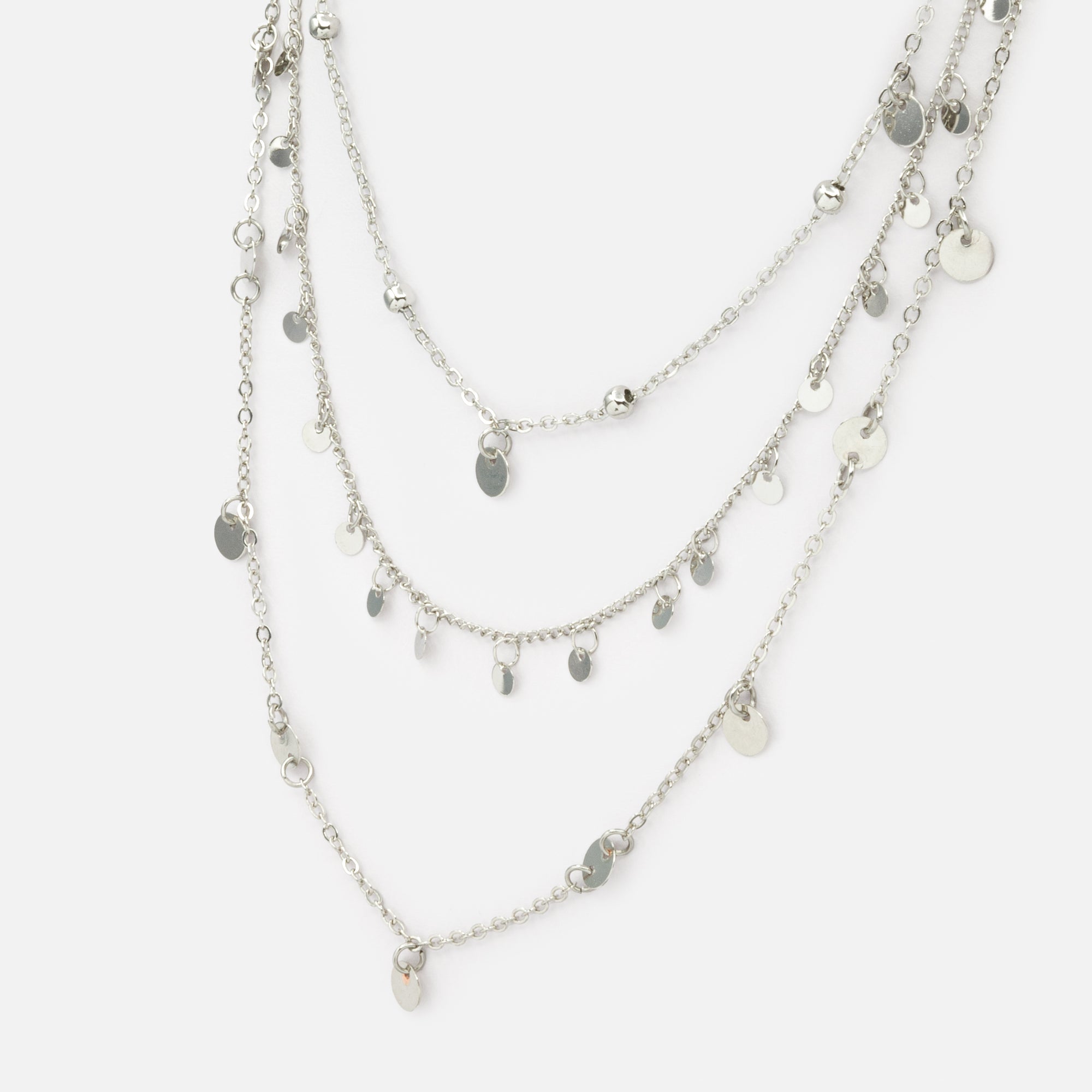 Collier triple chaîne avec billes et disques argentés