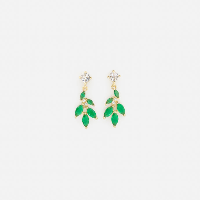 Gold earrings with emerald leaves