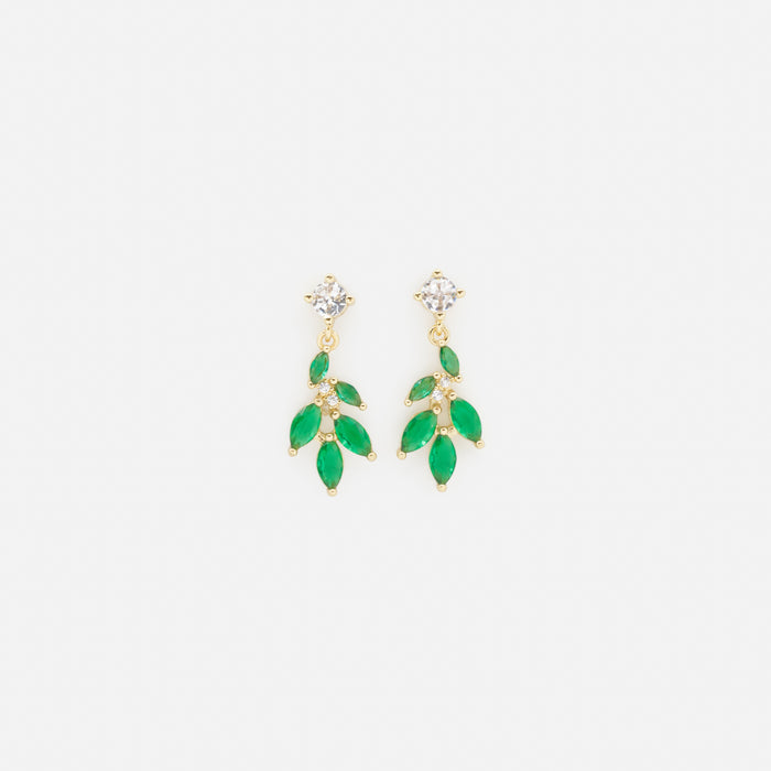 Boucles d'oreilles dorées avec feuilles émeraude