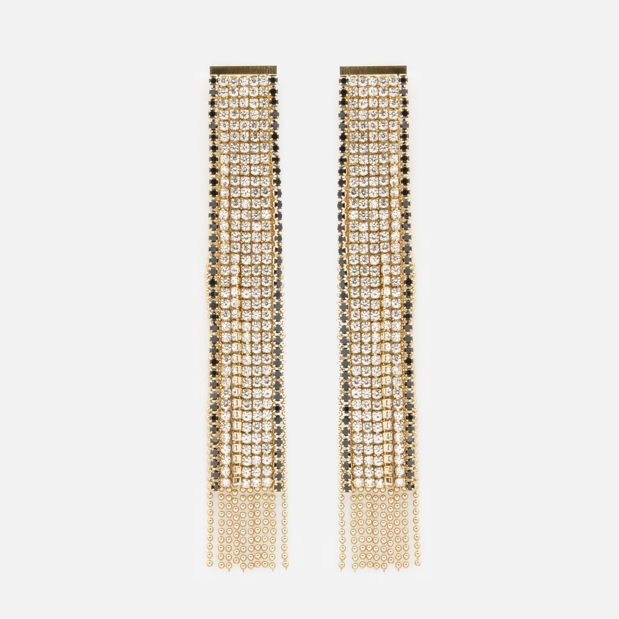 Long gold earrings with fine beads and black cubic zirconias