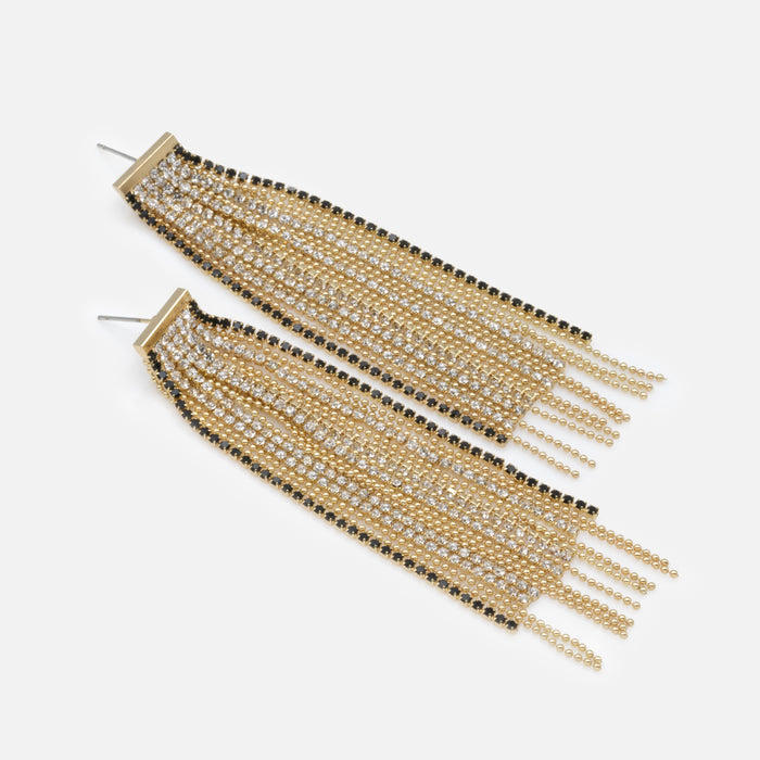 Boucles d'oreilles dorées longues avec fines billes et zircons cubiques noirs