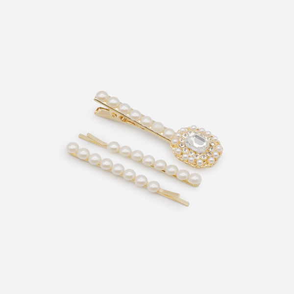 Load image into Gallery viewer, Set of three pearl gold clips with cubic zirconia
