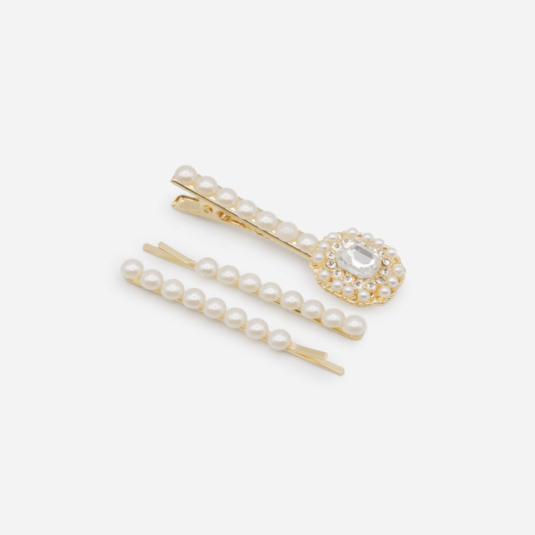 Set of three pearl gold clips with cubic zirconia