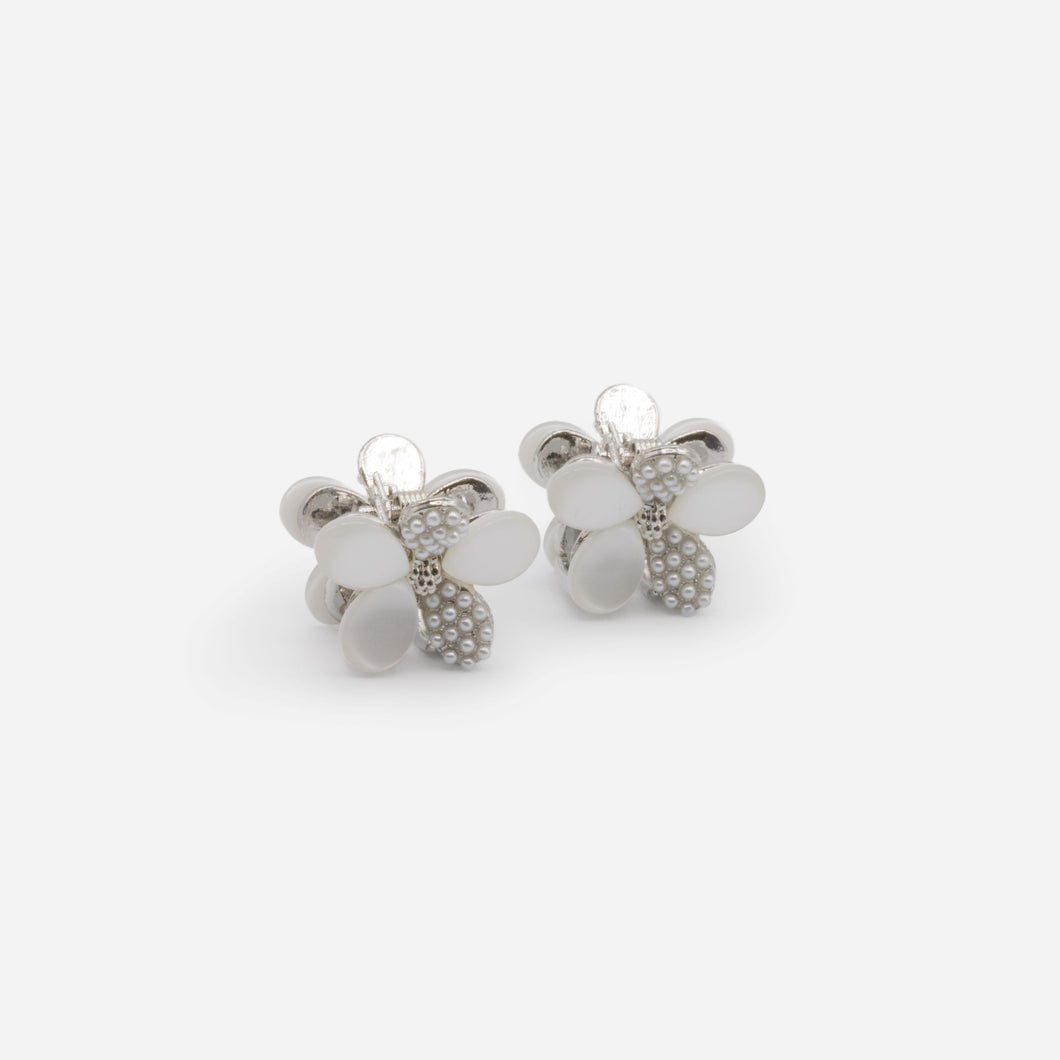 Set of two small white and silver flower clips