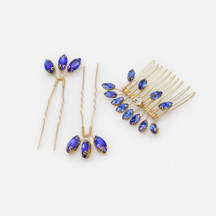 Ensemble peigne et épingles dorés avec pierres bleu royal
