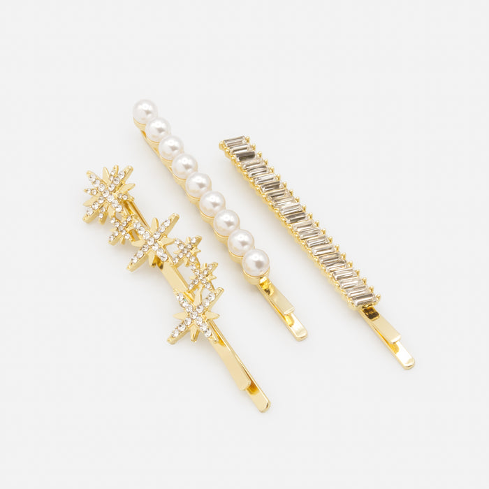 Ensemble de trois pinces dorées étoiles et perles
