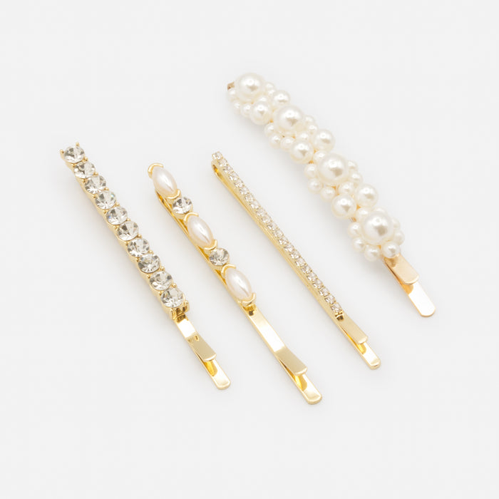 Ensemble de quatre pinces dorées perles et pierres translucides