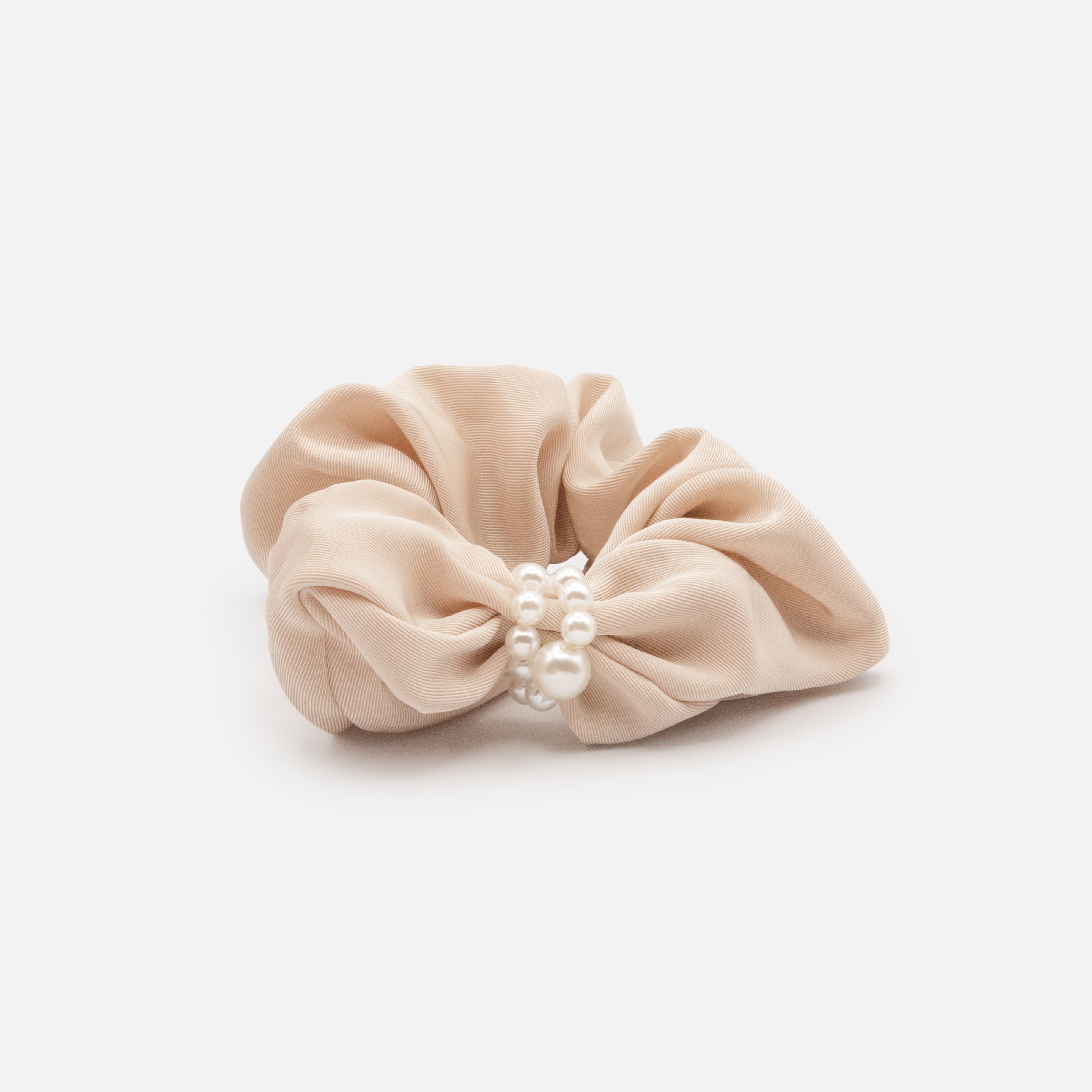 Light taupe scrunchie with pearl bow