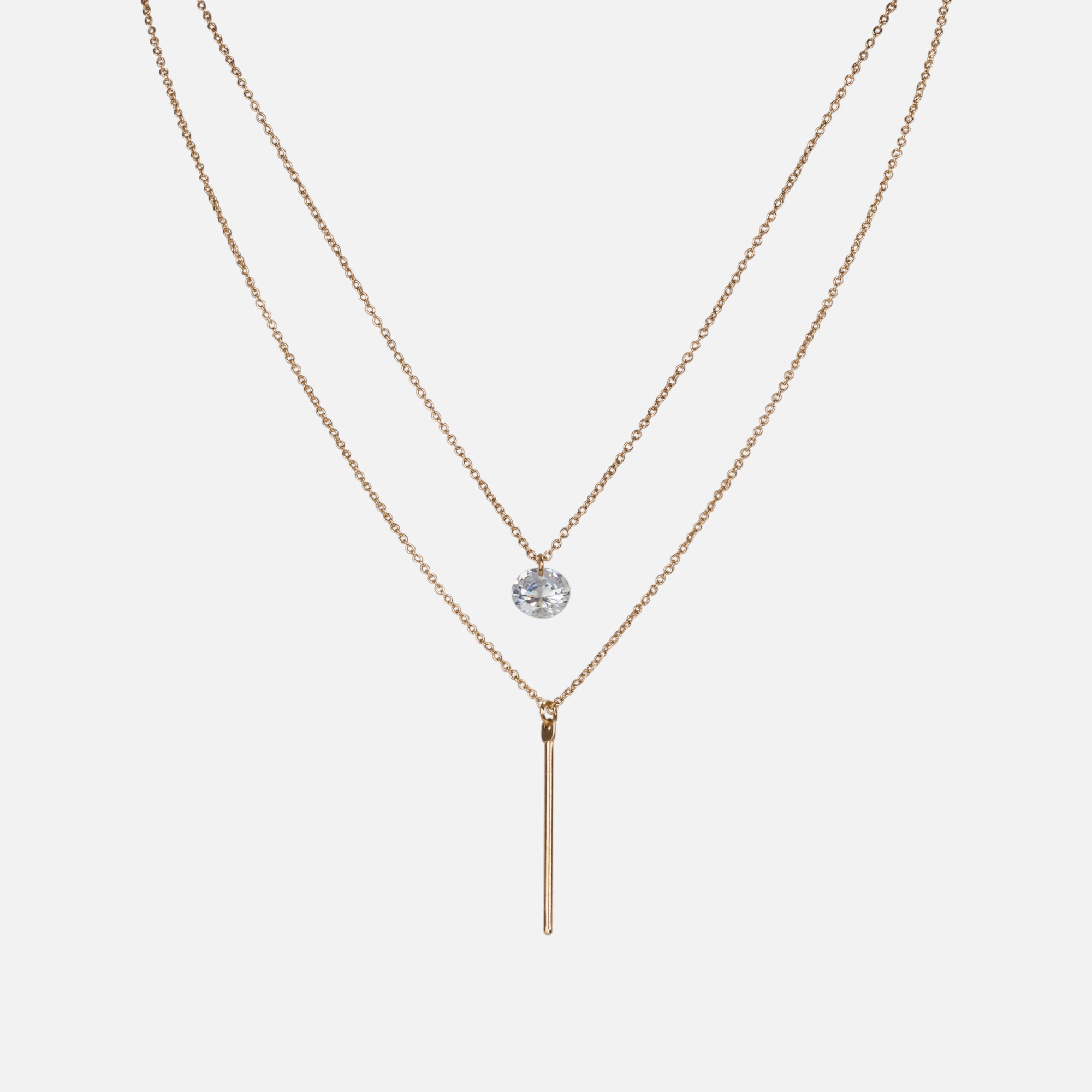 Gold double chain necklace with cubic zirconia and "i" charm