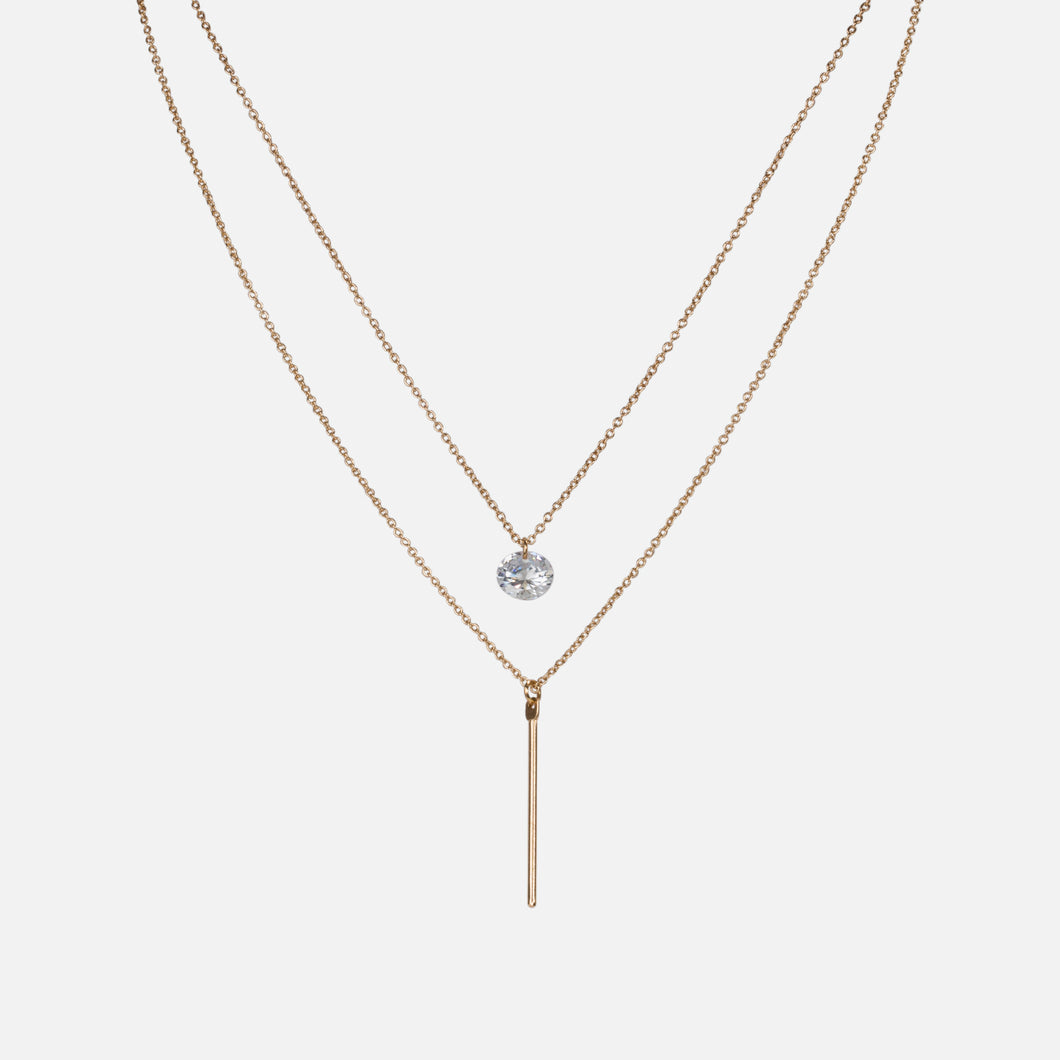 Gold double chain necklace with cubic zirconia and 