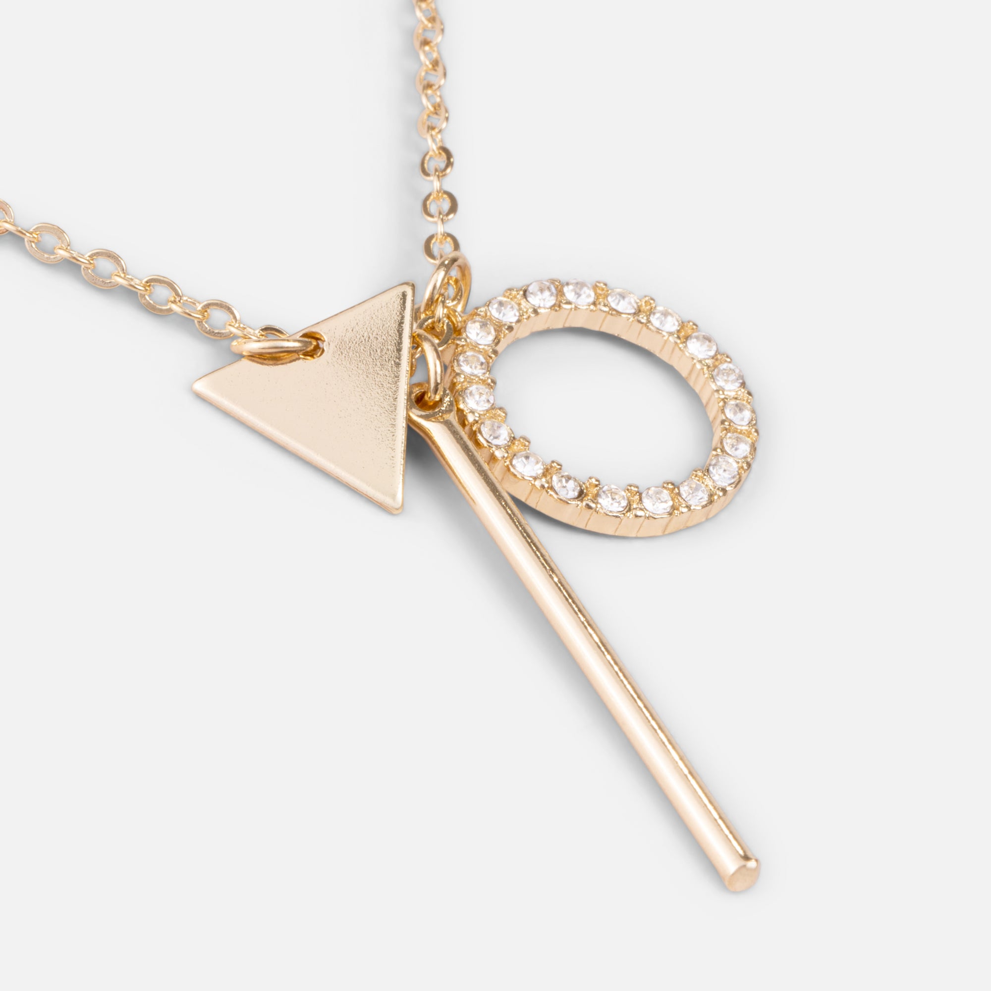 Gold necklace with triangle, circle of cubic zirconia and "i" charms