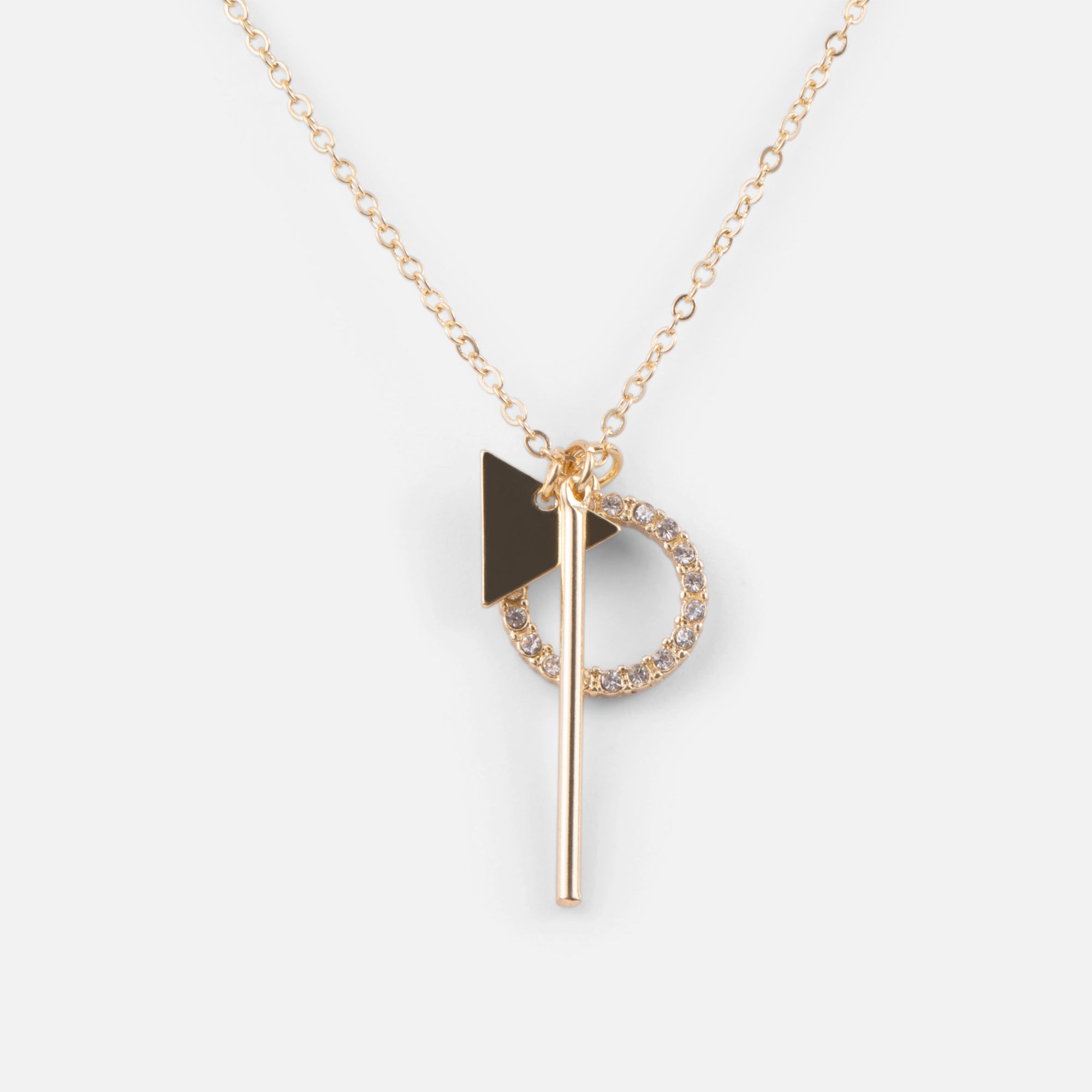 Gold necklace with triangle, circle of cubic zirconia and "i" charms