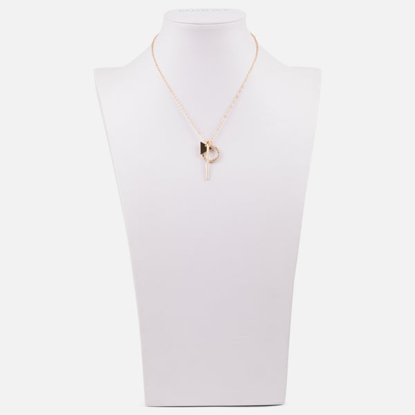 Load image into Gallery viewer, Gold necklace with triangle, circle of cubic zirconia and &quot;i&quot; charms
