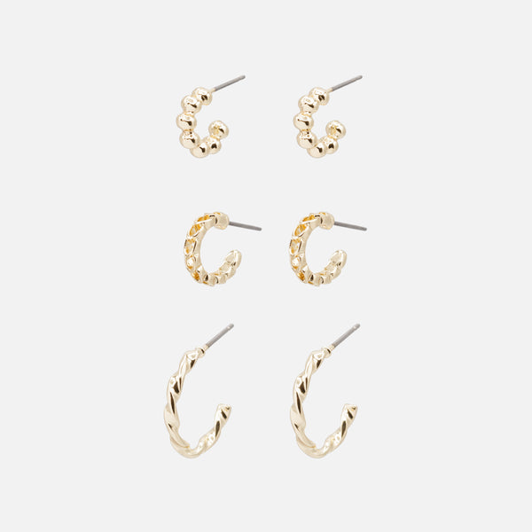 Charger l&#39;image dans la galerie, Trio de boucles d&#39;oreilles anneaux dorés texturés
