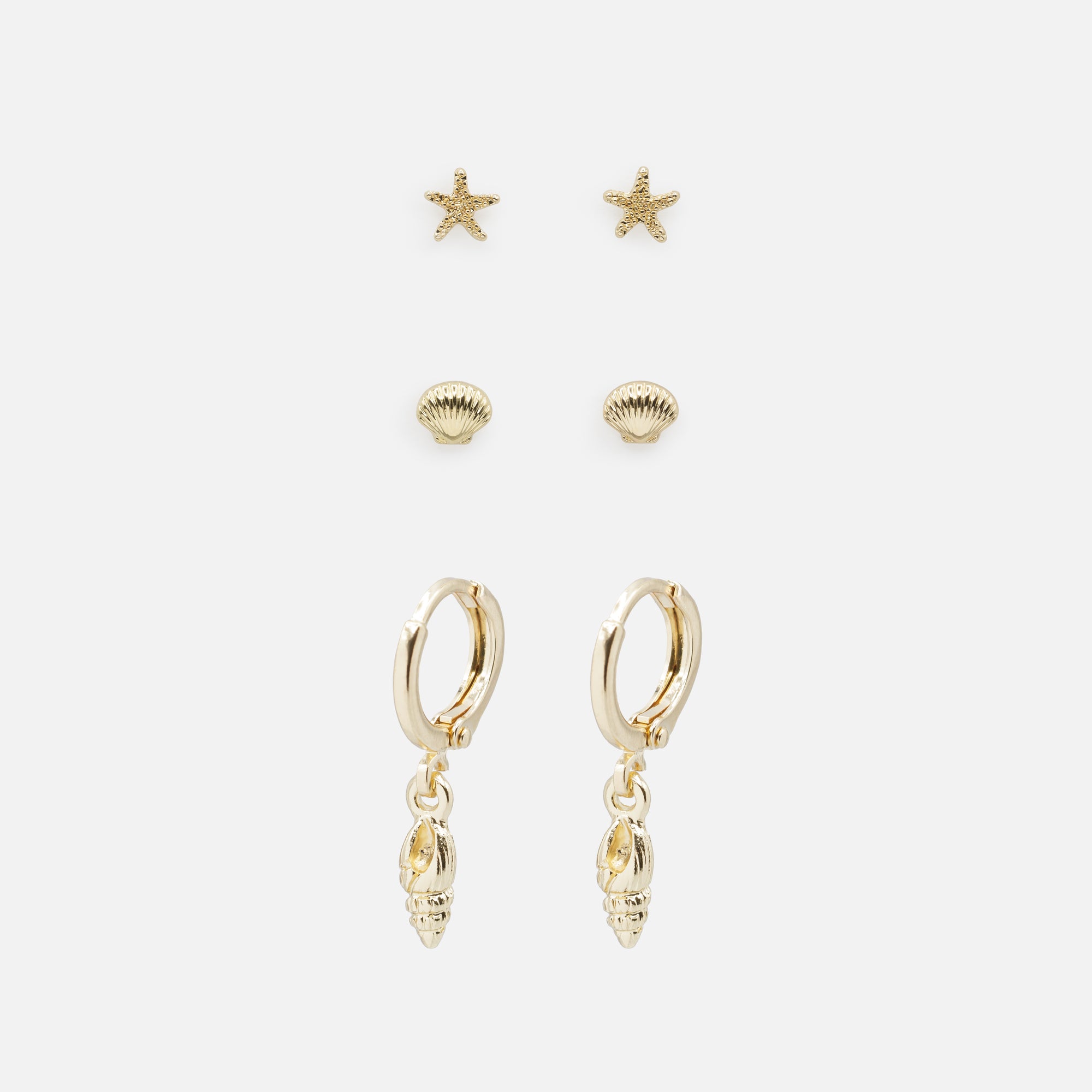 Trio of golden starfish and shell earrings