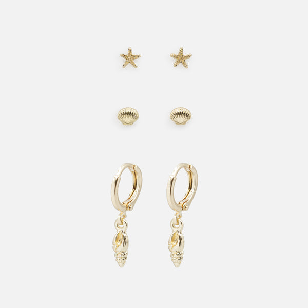 Load image into Gallery viewer, Trio of golden starfish and shell earrings
