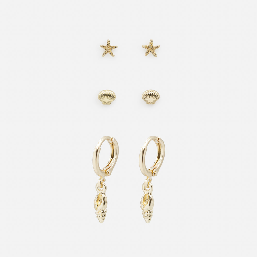 Trio of golden starfish and shell earrings