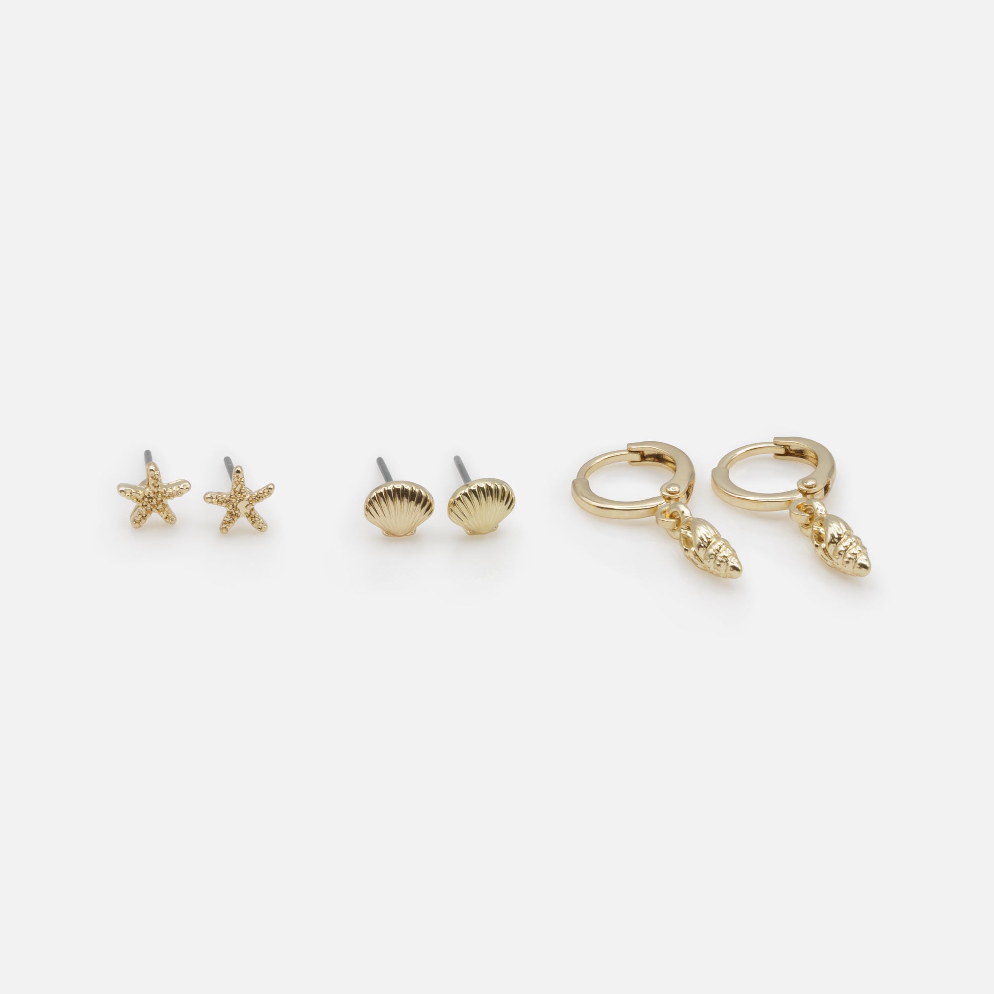 Trio of golden starfish and shell earrings