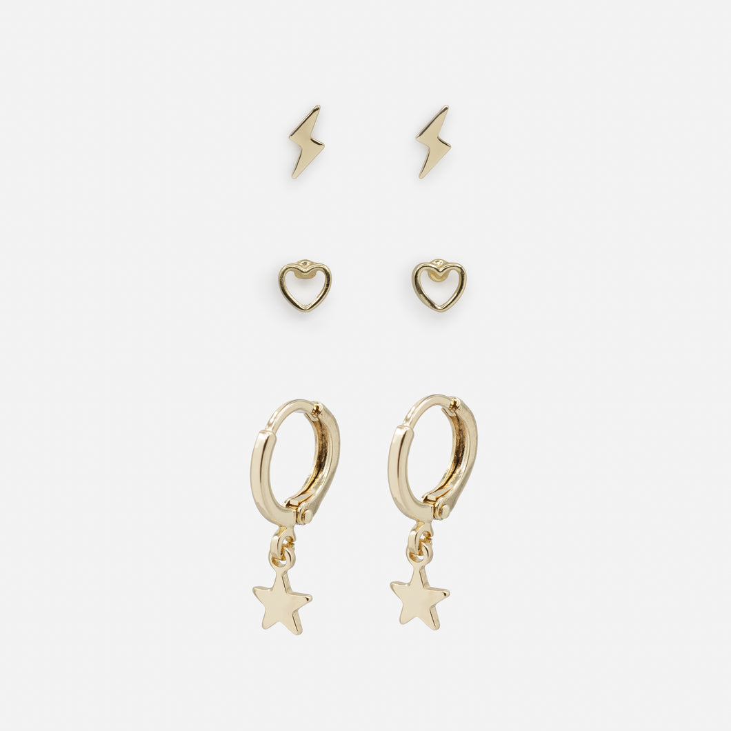 Trio of gold lightning bolt heart and star earrings