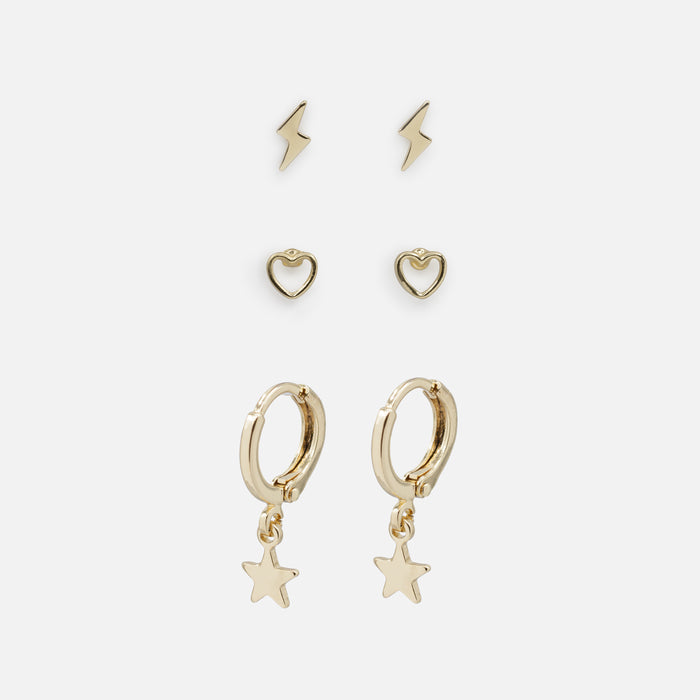 Trio de boucles d'oreilles dorées éclairs coeurs et étoiles