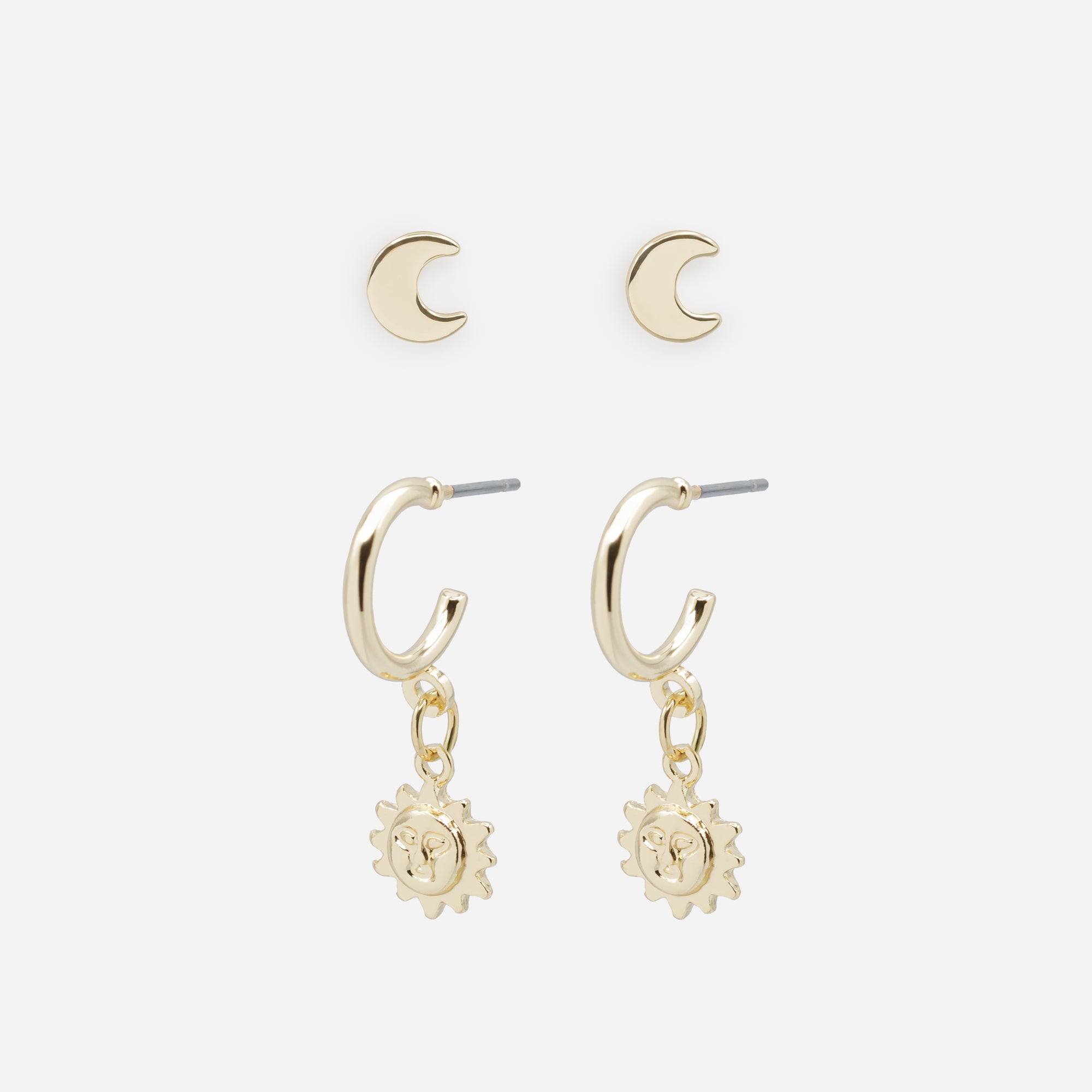 Duo de boucles d'oreilles dorées croissant de lune et soleil