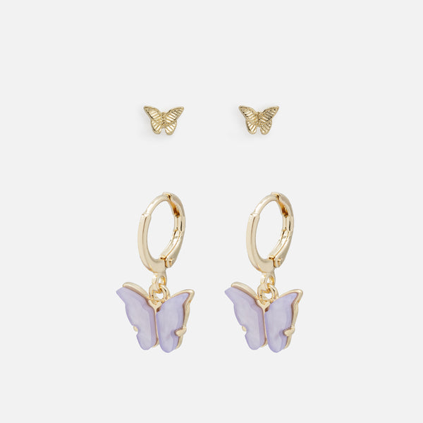 Charger l&#39;image dans la galerie, Duo de boucles d&#39;oreilles papillons dorés et lilas
